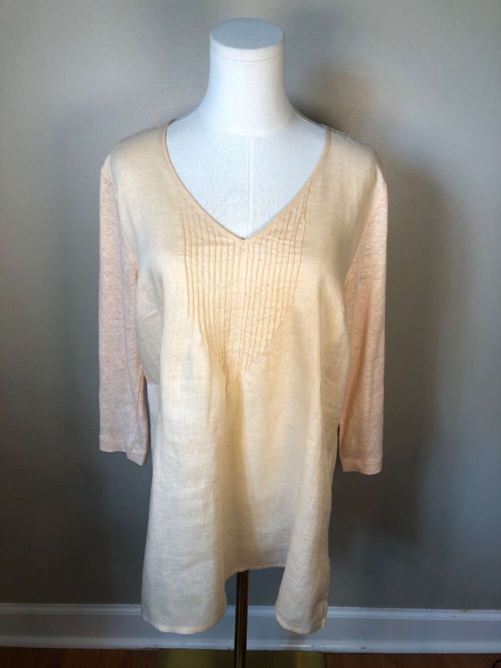 J Jill Love Linen 100% Linen 3/4 Sleeve Peach Tunic V Neck Top Size M Coastal